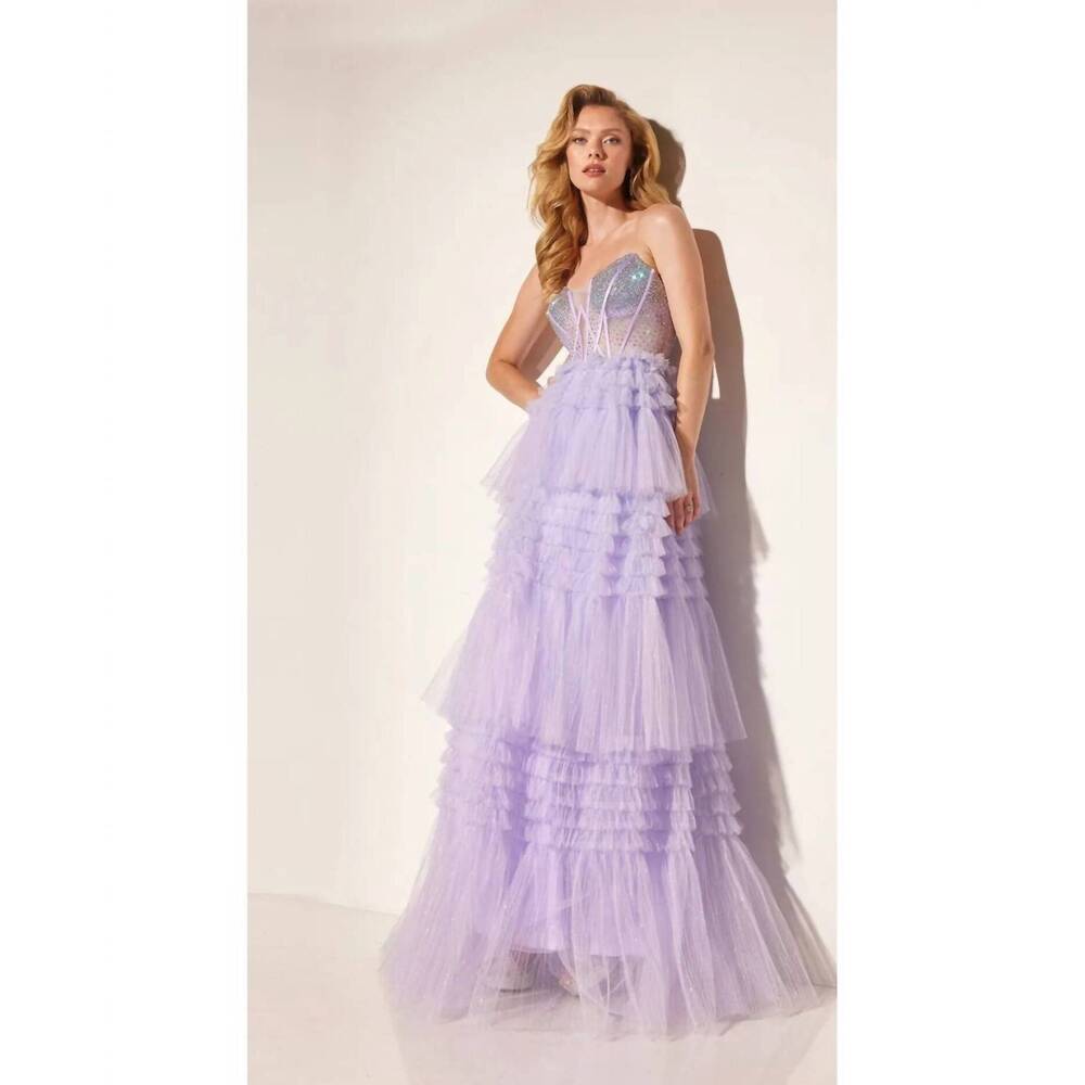 NEW LUCCI LU glitter strapless a-line tiered gown in lilac
